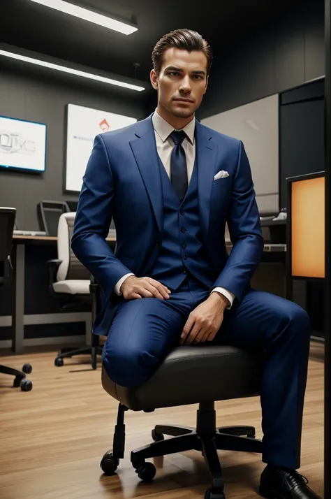 Creat a cinematic realistic image of a man wearing suit and sitting on a gaming chair, 