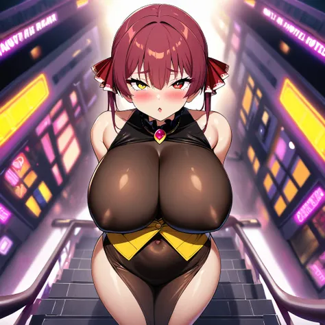 houshou marine,1girl,solo,Only the right eye is yellow,Females in heat,blush,Super huge breasts,looking at viewer,Taken from the viewpoint above,upturned eyes,near,standing up,Gorgeous sex hotel