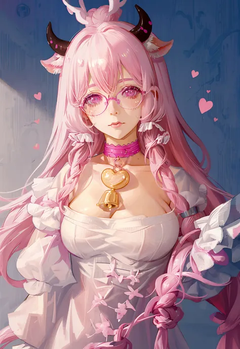 "IMVU, pink hair, pink heart eyes, white round glasses, pale skin, white and pink cow ears, white horns with pink bows, fuzzy white jacket with pink spots, pink cowbell choker, kawaii, soft, high quality, masterpiece, 8k, large breasts, showing cleavage