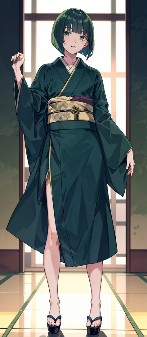 1 boy, 24 years old, full body, blunt bangs, Bob cut, dark green hair, kimono,