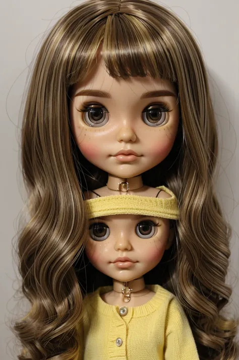 Blythe doll with dark hair and blonde highlights