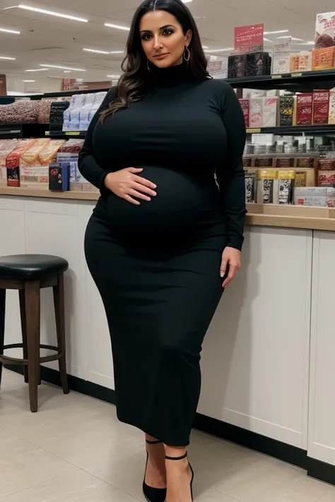 40yo pregnant MILF Ava Addams as saleswoman advising a customer in the store, she is wearing turtleneck sweater, very long business skirt, high heels, athletic healthy curvy milf figure, open hair, hourglass figure, (very huge juicy breasts:1.3), huge preg...