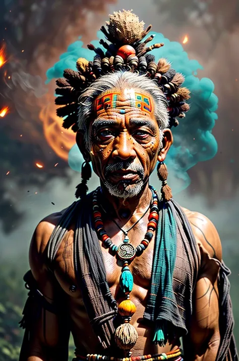 colorful chaos, vivid colors, striking visual design, (1man, wrinkled face, old  male:1.2), wise,  turquoise eyes, gray hair, scissor cut,
Style-GravityMagic, portrait, solo, half shot, detailed background, detailed face, (zulupunkai, zulu theme:1.1),  wis...