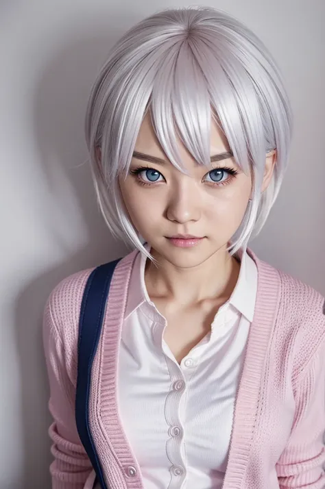 My hero Academia, Boku no Hero Academia, White hair, Hoshino Ai, Pink eyes, Wears the UA  and put on a cardigan, Cute face