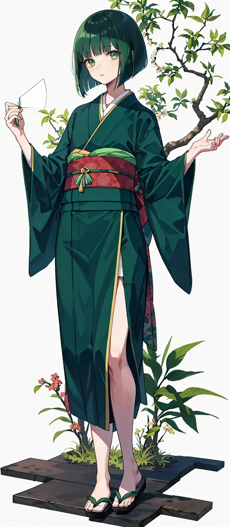 1 boy, 24 years old, full body, blunt bangs, Bob cut, dark green hair, kimono,