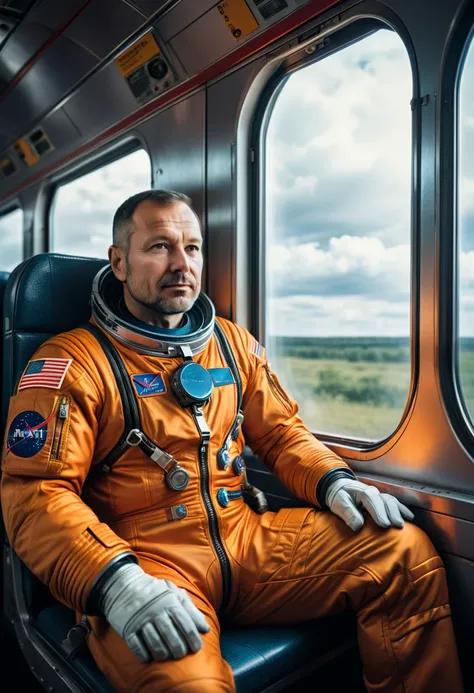 Editorial photography of a strong male cosmonaut ((40 year old)) sitting in front of the window of a train into space, looking at the camera, back on viewer, realisic skin, photojournalism, retrofuturism, Kodak Ektar, Depth of field, f/1.8, 4K, Volumetric,...