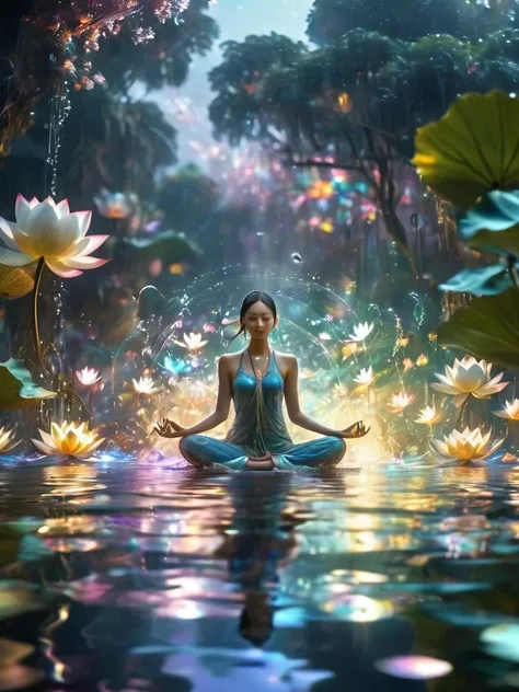 1girl，beautiful，blingbling water，Motion blurred，many many many fractal plants，Movie-level lighting effects，lotus pose,  on the water, reflection,，Glowing Line,Glow Example，Tracking example，flash， Backlight，translucent，light particles