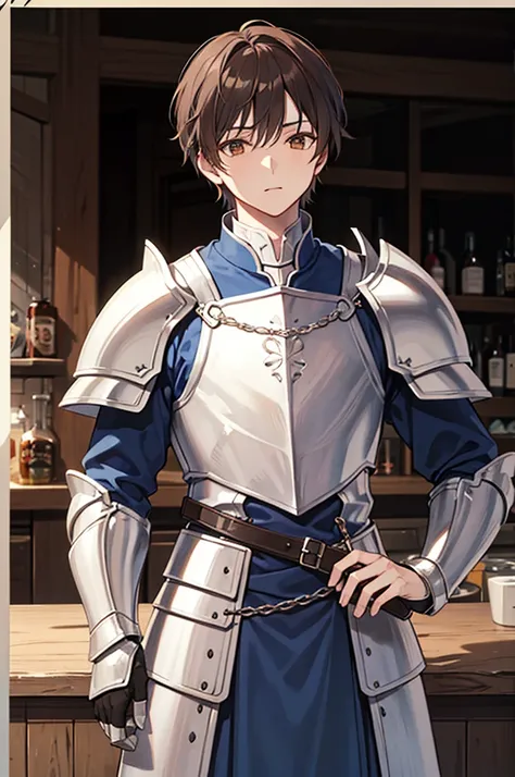 man, adventurer, knight, armor, brown hair, brown eyes, blue and black clothing, manly, alone, medieval tavern background