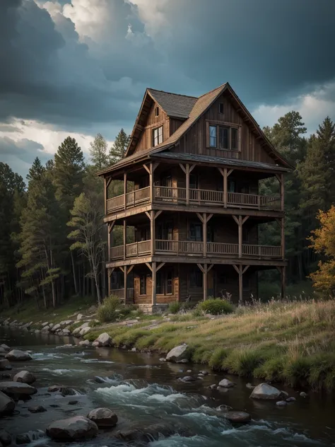 Masterpiece, Illustrate a scene featuring  a rocking chair on a terrace, The setting is a weathered wooden house adorned with clusters of dried grass, nestled on the tranquil banks of a river. Tall birch trees, vibrant flowers, and the mesmerizing touch of...