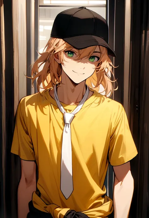 The boy had apricot hair, neck-length hair, green eyes, wearing a black baseball cap, yellow t-shirt, black long-sleeved shirt inside, and a white tie around his waist, smile