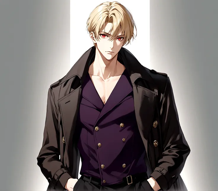 Hands in pockets,Exquisite facial features,blond，Red Eyes，Young male，Black trench coat