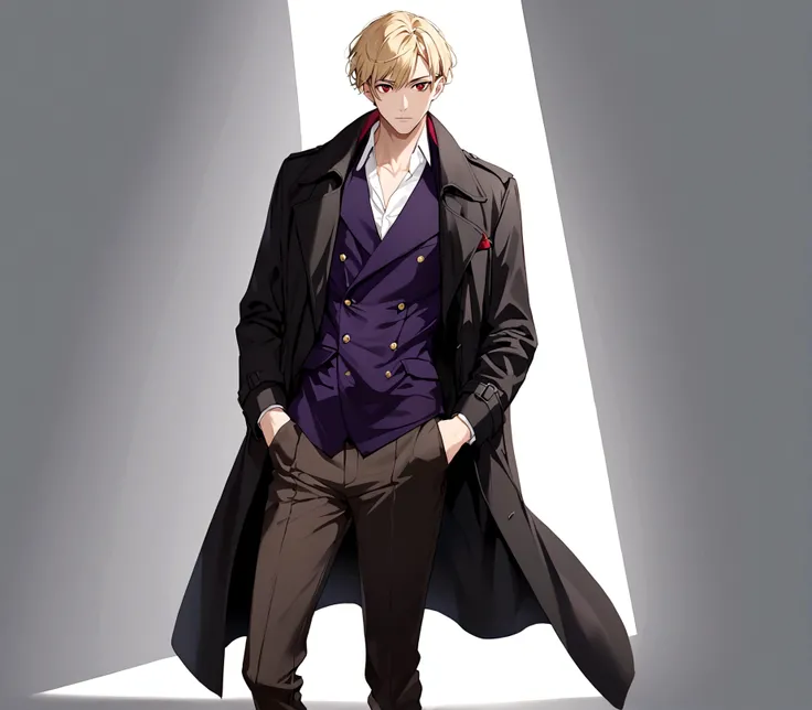 Hands in pockets,Exquisite facial features,blond，Red Eyes，Young male，Black trench coat