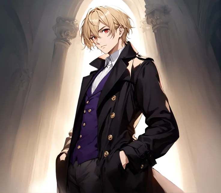 Hands in pockets,Exquisite facial features,blond，Red Eyes，Young male，Black trench coat