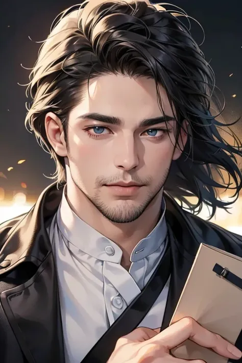 (best quality,4k,8k,highres,masterpiece:1.2),ultra-detailed,(realistic,photorealistic,photo-realistic:1.37),30 year old man,3 day beard,handsome anime,portraits,strong,masculine,dark hair,sharp jawline,mesmerizing eyes,perfectly styled hair,cool anime outf...