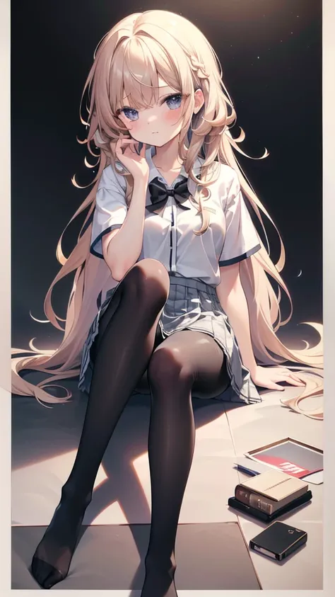 (8K、Best image quality、Highest quality、masterpiece)、One tall girl、((whole body))、Sit on the floor with your legs spread、White panties are visible、Long Hair、Wavy Hair、blush、Medium Bust、White collared shirt、Short sleeve、((Checkered pleated mini skirt))、Class...