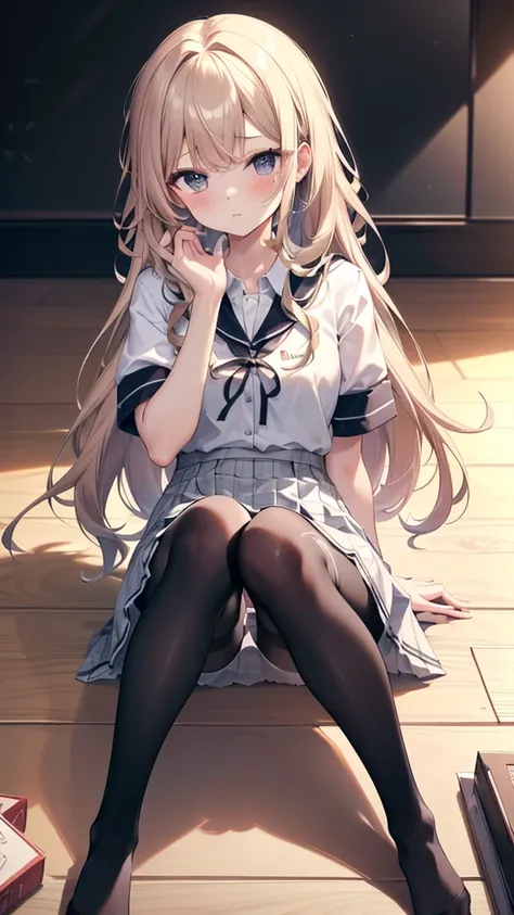 (8K、Best image quality、Highest quality、masterpiece)、One tall girl、((whole body))、Sit on the floor with your legs spread、White panties are visible、Long Hair、Wavy Hair、blush、Medium Bust、White collared shirt、Short sleeve、((Checkered pleated mini skirt))、Class...