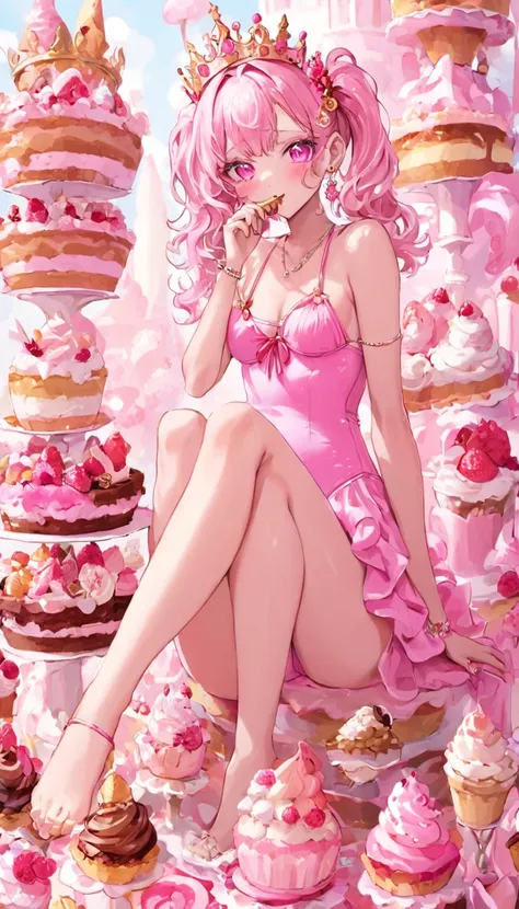 masterpiece, dessert goddess, sitting on top of a tall cake tower, detailed face, pink dessert garden, cute dessert decorations, ice cream, cookies, turning to look at viewer, pink eyes, long curly pony tail hair, wearing lots of jewelry, desset themed jew...