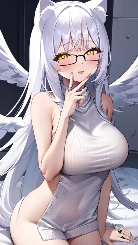 An 18 year old female angel with long, white hair, yellow eyes, white cat ears, and large white angel wings. yellow halo ring round white glasses (White halter turtleneck sweater, purekiller sweater, sleeveless, sexy backless sweater) white arm warmers fin...