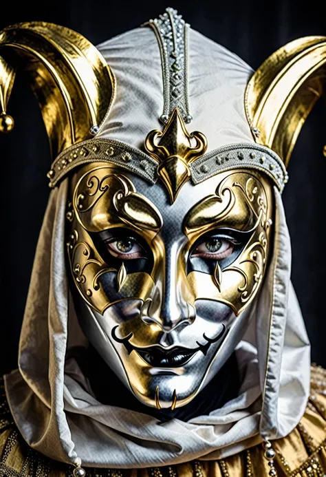 Jester looking straight ahead with a gold and silver Venetian mask with a sad look that his eyes cannot be seen, Let them be empty sockets that project fear and melancholy 