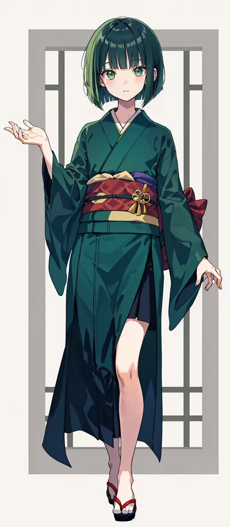 1 boy, 24 years old, full body, blunt bangs, Bob cut, dark green hair, kimono,