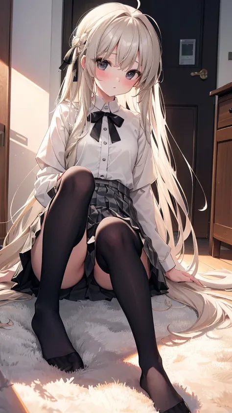 (8K、Best image quality、Highest quality、masterpiece)、One tall girl、((whole body))、Sit on the floor with your legs spread、White panties are visible、Long Hair、Wavy Hair、blush、Medium Bust、White collared shirt、Short sleeve、((Checkered pleated mini skirt))、Class...