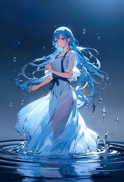 The background is a color that complements the water, and the close-up image shows a lovely smiling woman made entirely of water. The womans hair is long and her eyes are open. The light must be captured to show that this figure is fluid, translucent, and ...