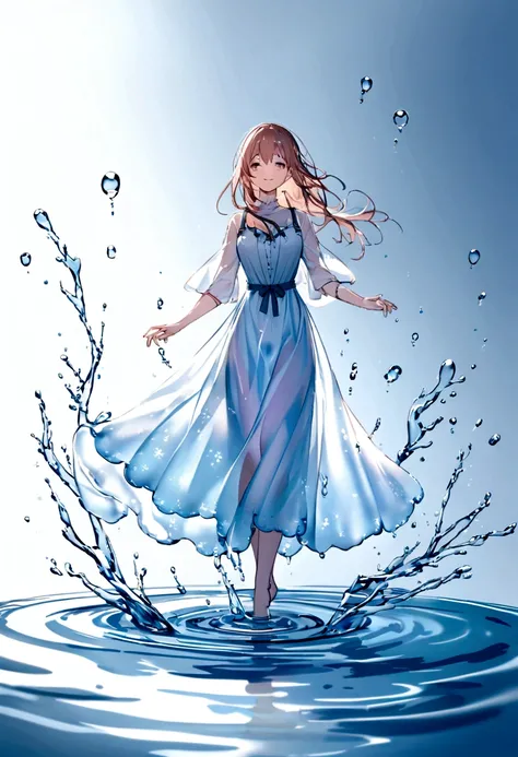 The background is a color that complements the water, and the close-up image shows a lovely smiling woman made entirely of water. The womans hair is long and her eyes are open. The light must be captured to show that this figure is fluid, translucent, and ...