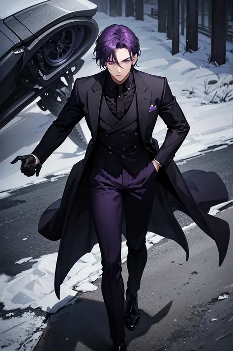 1man, dark purple hair, dark purple eyes, black suit, standing on ground, high res, ultra sharp, 8K, masterpiece