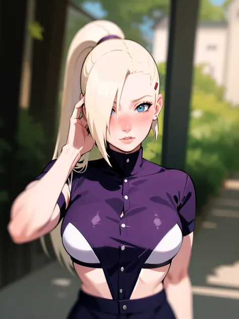 {-erro_de_anatomia:1.0} estilo anime, Masterpiece, absurdities, Yamanaka Ino(Naruto), 1girl Solo, woman, Perfect composition, Detailed lips, Beautiful face, body proportion, Blush, Long blonde hair, blue eyes, purple blouse, purple pant, Soft gauze, Super ...