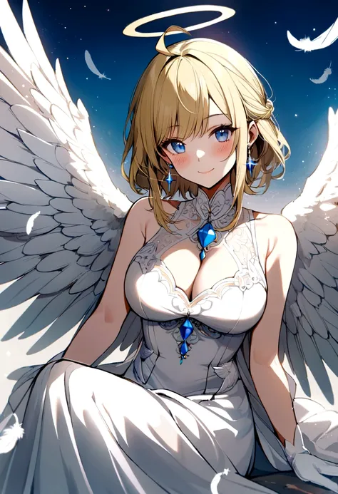 slender, mature female,wings, rating:safe, angel_wings, 1girl, breasts, white_wings, solo, angel, feathered_wings, earrings, jewelry, blue_eyes, blonde_hair, dress, looking_at_viewer, white_dress, halo, feathers, bare_shoulders, short_hair, closed_mouth, s...