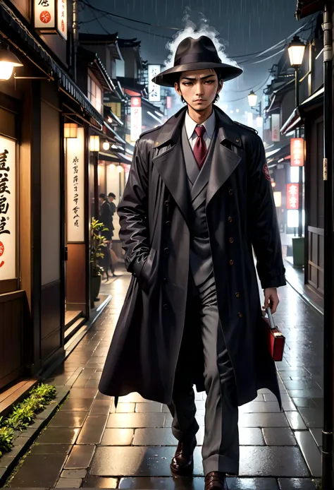 A yakuza member (black trench coat, black felt wide rim hat, lit cigarette, grim dark expression) is walking on the sidewalk on a dreary tokyo night. Light rain, lit by street lamps