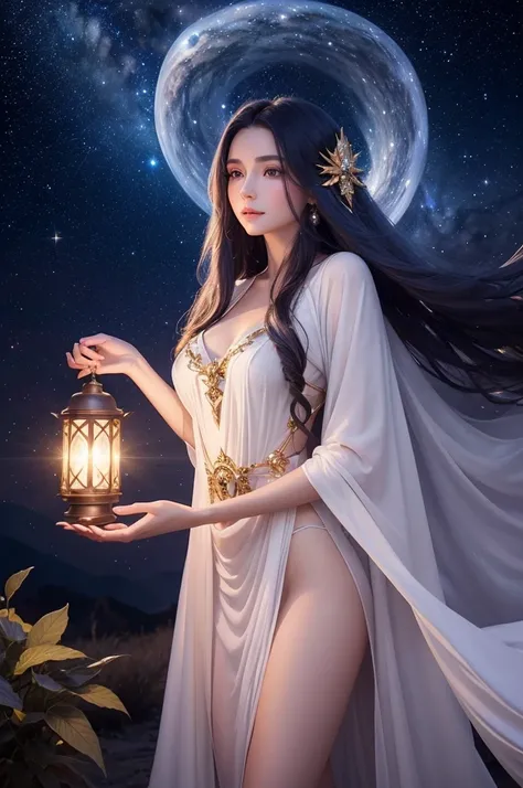 Mystical goddess in the sky Lumara is an elegant and ethereal figure, with long hair that shines like the milky way. Your robes are made of thin veils of starlight, that twinkle as he moves. In your hands, Lumara carries a magical lantern that contains sta...