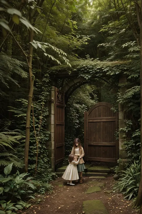 Image: Lily and Snowball discovering the hidden gate in the woods, with the golden key glowing softly in Lilys hand.Colors: Earthy tones with the gate slightly overgrown with vines, hinting at its mystery.