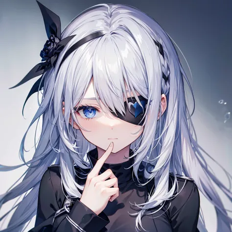 Black clothes, blue eyes, Silver Hair, Half Up, Ahoge, Eye patch