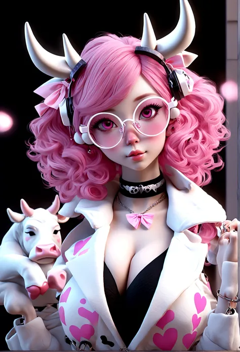 "IMVU, pink hair, pink heart eyes, white round glasses, pale skin, white and pink cow ears, white horns with pink bows, fuzzy white jacket with pink spots, pink cowbell choker, kawaii, soft, high quality, masterpiece, 8k, large breasts, showing cleavage