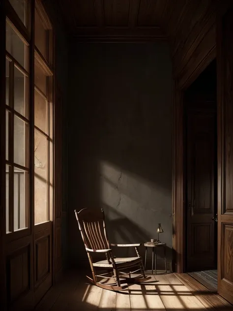 Masterpiece, Illustrate a scene featuring  alone rocking chair on a terrace, 16K, ultra high res.photorealistic, HDR, UHD, DSLR, RAW, cinematic lighting,Horror ,Very Horror, Dark, Scary theme.