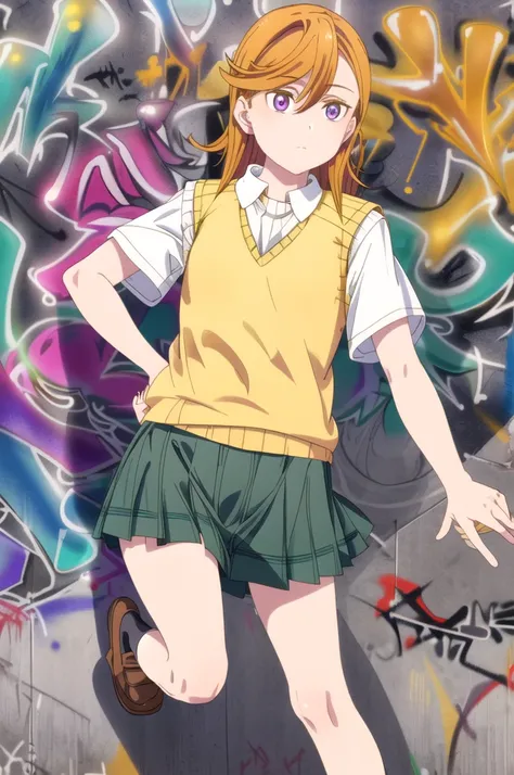 A girl,wearing a student uniform, wearing a green skirt,plaid skirt and white shirt, sweater vest, (yellow sweater vest:1.5), a plain (Graffiti:1.4) background,hair orange, eyes purple,shoes loafers