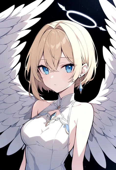 slender, mature female,wings, rating:safe, angel_wings, feathered_wings, white_wings, 1girl, solo, feathers, breasts, angel, halo, bare_shoulders, blue_eyes, multiple_wings, looking_at_viewer, jewelry, white_feathers, closed_mouth, short_hair, medium_breas...