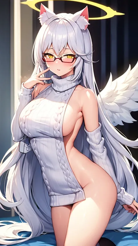 A 20-year-old female angel with long, white hair, yellow eyes, white cat ears, and large white angel wings. yellow halo ring round white glasses (White halter turtleneck sweater, purekiller sweater, sleeveless, sexy backless sweater) white arm warmers fing...