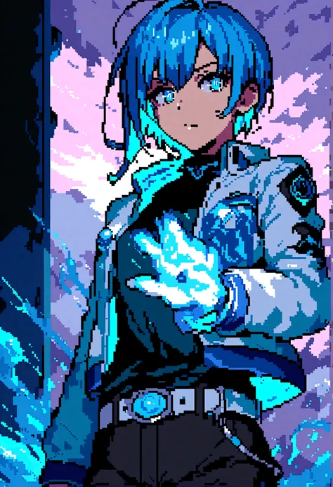 score_9、score_8_up、score_7_up、Expressiveh、d3p1x3l、Pixel Art、Super detailed、1 person、Grimmjow、Blue Hair、blue eyes、white cropped jacket、Black Shirt、Black pants、White belt、See who&#39;s watching、landscape、Close-up、、Glowing Eyes、blue energy、Blue aura、