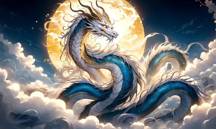 Silver dragon god, gentle gaze, fantastic background, moonlight background, sea of ​​clouds background, golden splashes, mysterious, sacred light, mythical creature, traditional Chinese dragon, mythology, speckled light, hazy haze, mysterious aura, masterp...