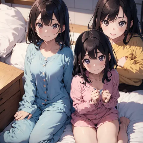 2 anime girls in a cat pajama and 1 anime girl in a dog pajama in a cute pose in bed, looking up directly at the camera, 