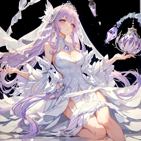 Light lilac fluffy and sparse long hair，Liquid crystal class，The wedding dress is as clear as a tassel，Very nice and beautiful young lady，Wedding dress，There is a looming hazy beauty