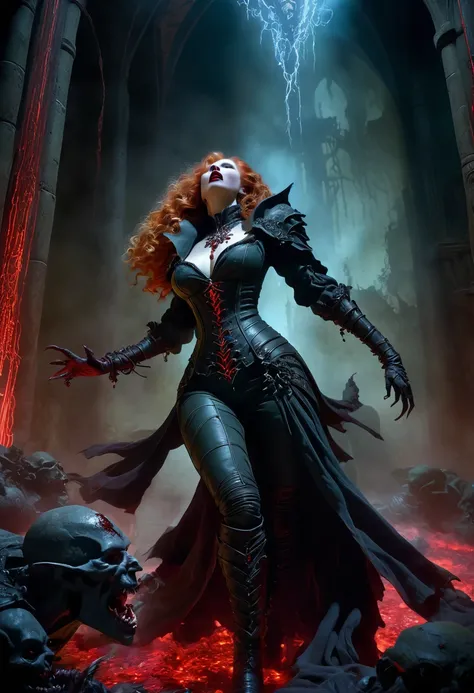 dark fantasy, dramatic lighting, full body shot, wide angle,dynamic angle, deep shadows, a female vampire and her thrall, extremely detailed skin, perfect ginger wavy hair, (A female vampire and her thrall, she is using her vampiric powers to shift blood i...