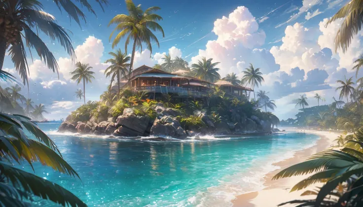 Tropical coast, A wide sea with a visible horizon,A clear sky with cumulonimbus clouds,Palm tree,Blur the background,Pleasant sea breeze,Glitter effect,Highest quality, 8K, High resolution, masterpiece:1.2, Very detailed, Realistic:1.37, High resolution, 超...