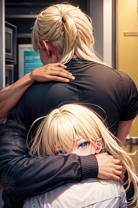 A black man hugging a blonde woman from behind 