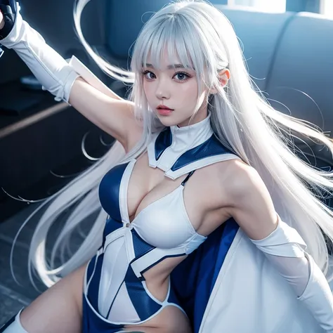 Korean girl, white long hair with bangs, icy blue eyes, white skin, white skimpy ninja suit, video game style, mortal kombat style