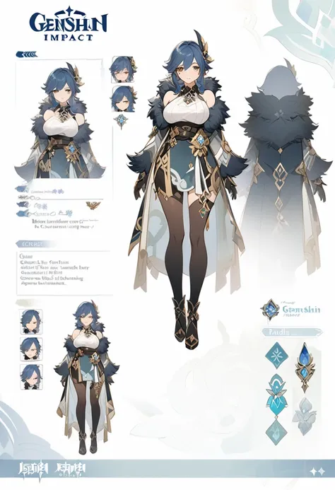 Genshin impact, genshin impact outfit, large breast, standing, character sheet, white backgound, bare shoulders, fur mantle, 