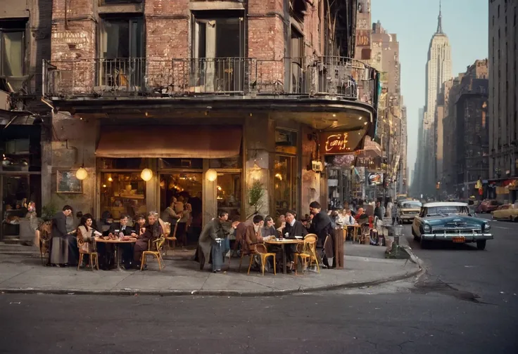 A stunning and atmospheric 1970s New York street cafe captured in a nostalgic and cinematic style, reminiscent of the golden age of film photography. This vintage scene showcases the bustling urban life, with patrons enjoying their coffee at outdoor tables...