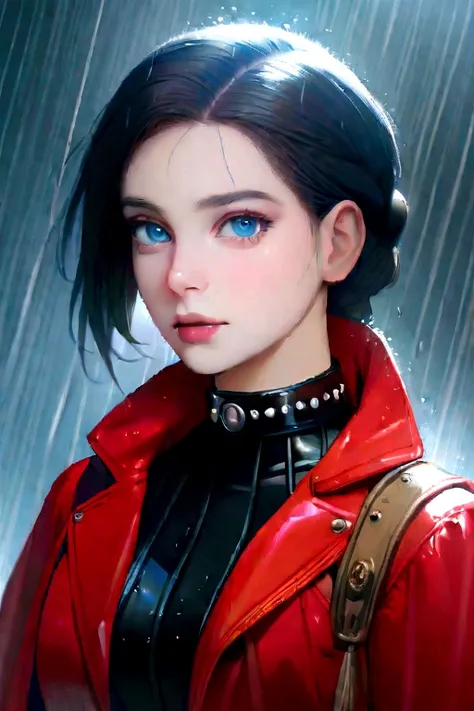 claireredfieldr, 1 girl, Alone, jewelry, black fur, rain, Blue eyes, red Jacket, Jacket, collar, wide, braid, realist, Upper part of the body, old, Chapped lips, looking at the viewer
